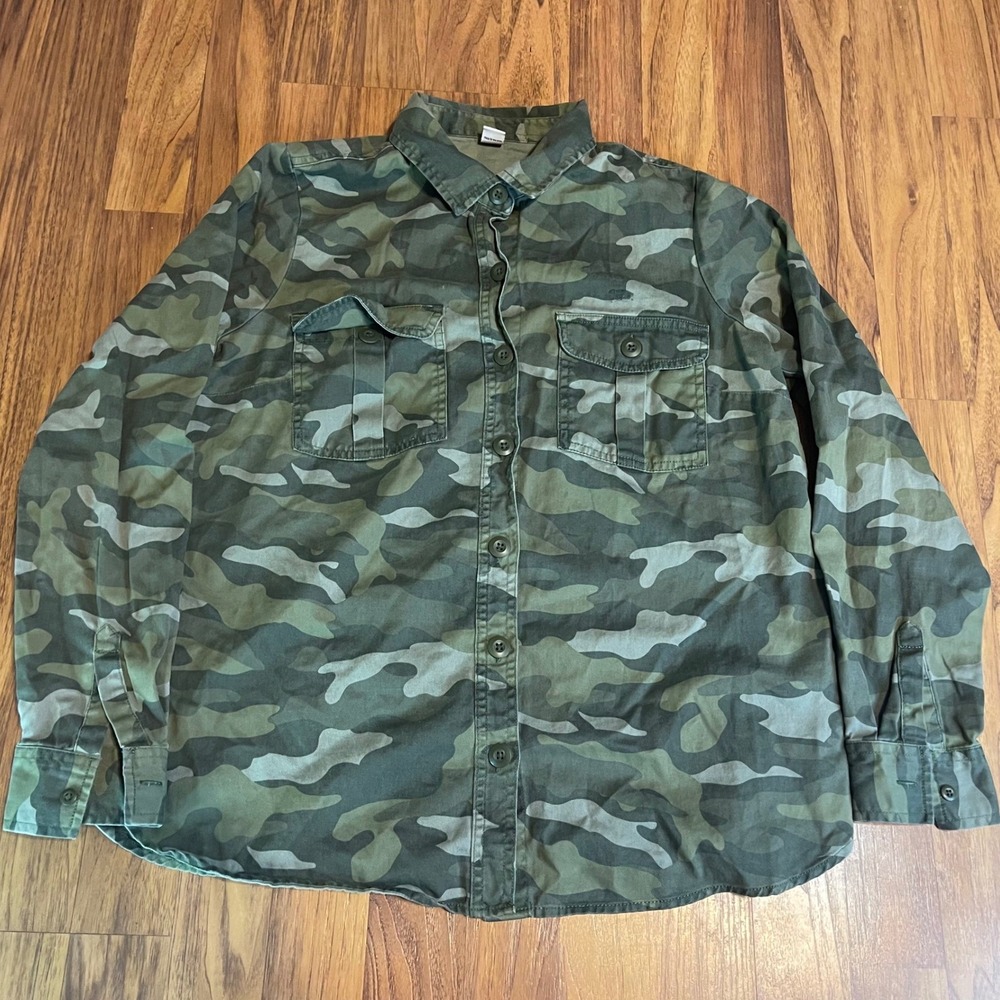 Old Navy Camo Shirt Mens Medium Green Camouflage Cotton Twill Utility Button Up